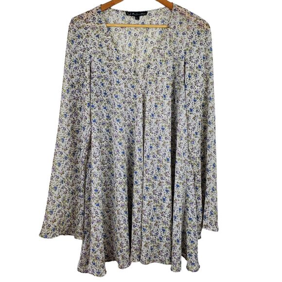 For Love & Lemons Dresses & Skirts - For Love & Lemons Ivory Blue Purple Floral Long Sleeve Sheer Dress L